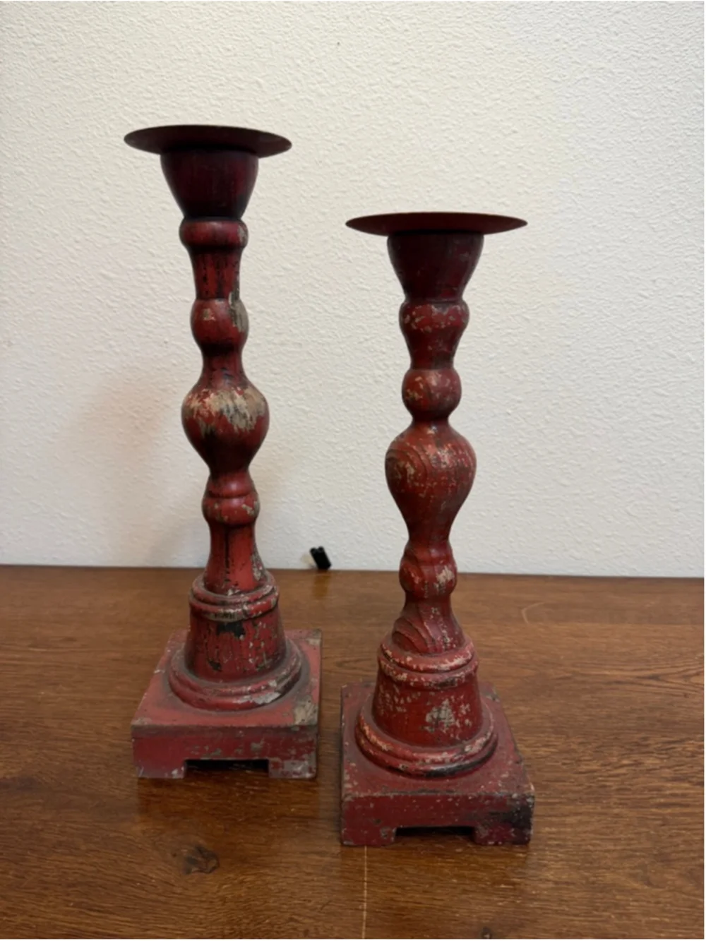 Set of 2 Distressed Red Wood Candlesticks Farmhouse Rustic Vintage Style Candle